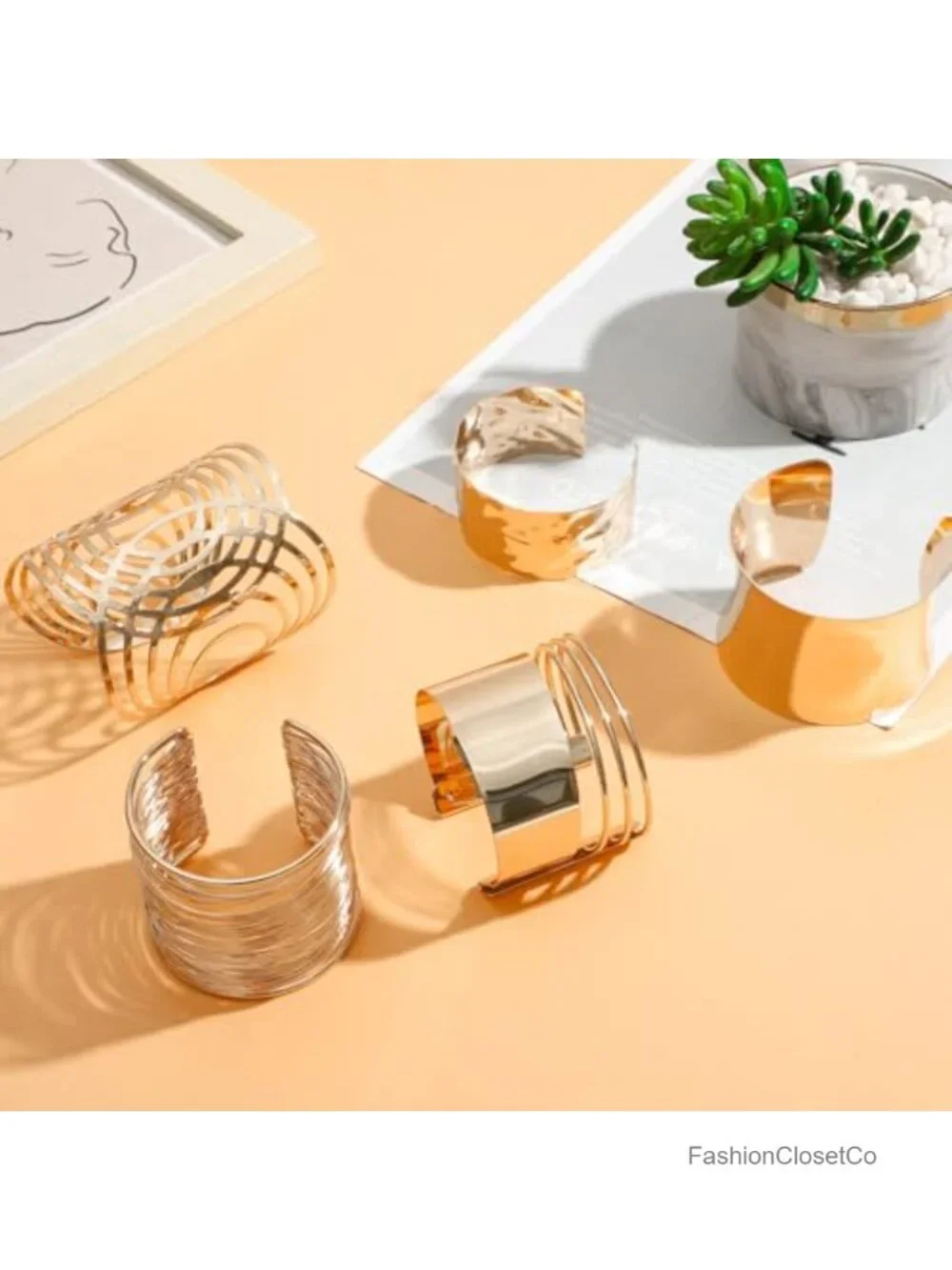 6 Pieces Gold Chunky Cuff Bracelets Set Open Wire Bangle Punk Statement Bracelet